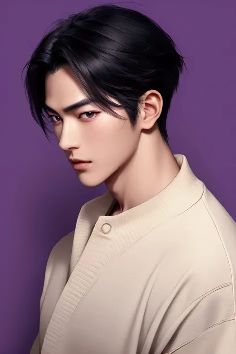  Handsome black-haired Japanese man, with a delicate face , female man, attractive, Looking at purple eyes . In black long neck sweater , elegante y attractive. 