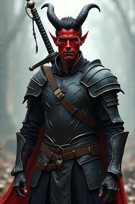   A tielfing man with the face of Cristiano Ronaldo with red skin,  curved horns wearing black iron armor   ,   short hair and a giant sword behind his back   