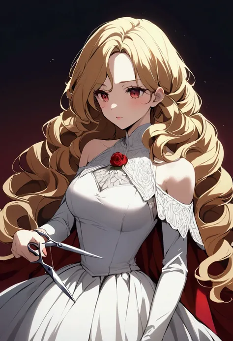 Eminence in shadow, Rose Oriana, with scissors, cutting her long blonde curly hair shoulder length 