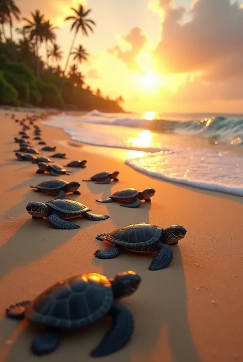 a vast beach with thousands of baby sea turtles hatching and crawling towards the ocean, ultra-detailed, (best quality,4k,8k,highres,masterpiece:1.2),ultra-detailed,(realistic,photorealistic,photo-realistic:1.37),wide shot, dramatic lighting, glowing sunse...