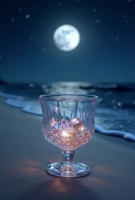 Create a diamond whiskey cup with 3 stones inside the glass on a sandy beach near the water at night with a clear moon