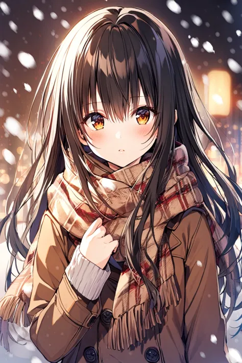 1girl, kotegawa yui, solo, scarf, long hair, black hair, blush, upper body, looking at viewer, bangs, coat, snowing, brown eyes,...