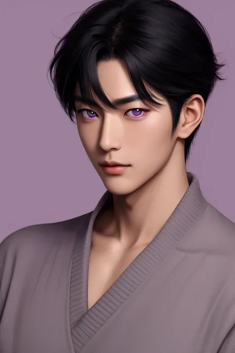  Handsome black-haired Japanese man, with a delicate face , female man, attractive, Looking at purple eyes . In black long neck sweater , elegante y attractive.
