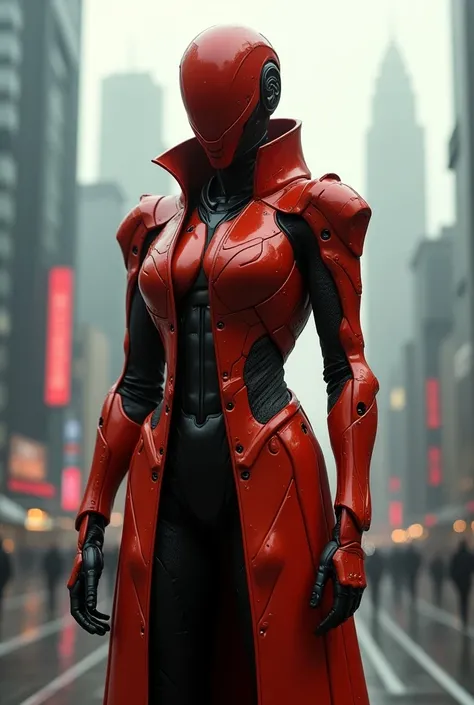 A sleek, futuristic humanoid robot with smooth, angular armor in red and gold, similar to a sci Fi movie . This robot is wearing trench coat like a mysterious person