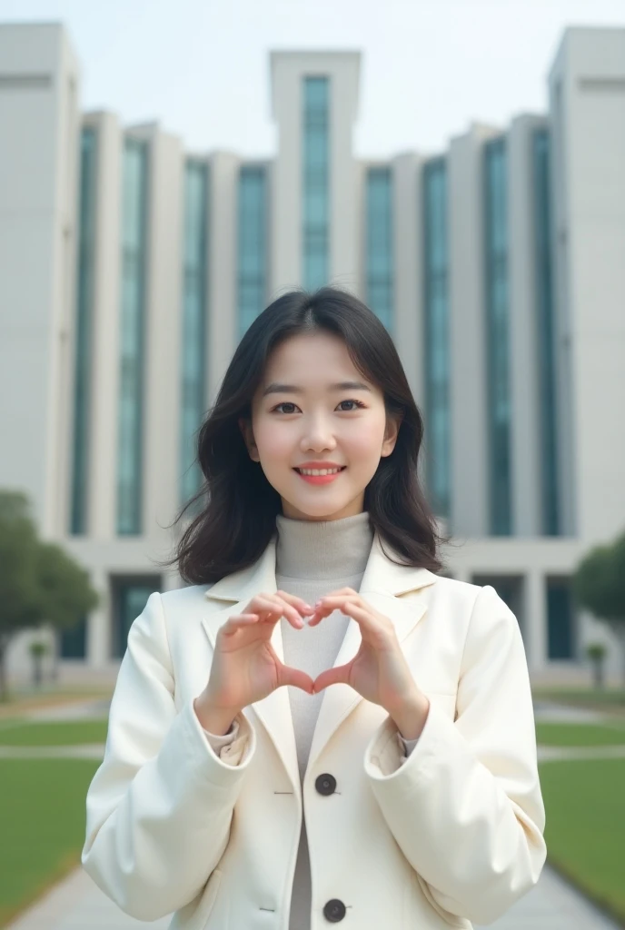 Korean girl wearing a white coat is standing in front of the building, smiling with her hands in a love style