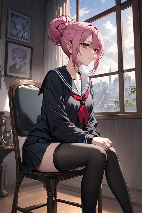 anime、 1 girl、 slender、 sailor suit、pants、Loose clothing、Baggy clothes、 clothes that allow you to see the chest 、 stockings、 skirt、 pink hair、 super detailed、 character profile 、Dark look、Dead Eyes、Slanted Eyes、Cruel atmosphere、The world is on the verge of...