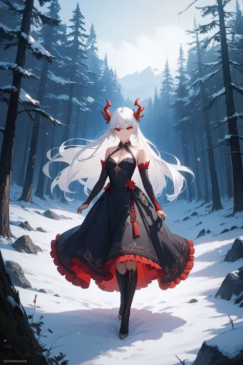 A slender woman,  long white hair ,  red eyes , black dress, neckline, Serious look,  Mischievous smile , adult body,  best quality ,  extremely detailed , aesthetic style , landscape in the background, Snowy forest, pinheiros altos, night, take the key, l...