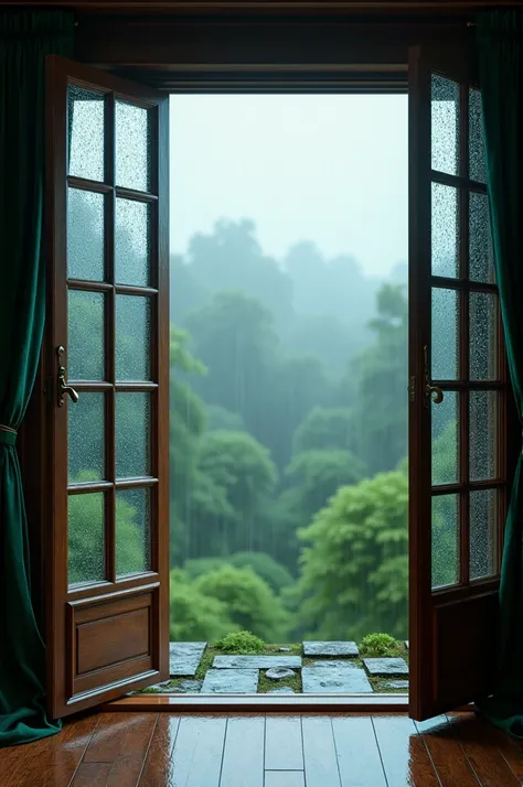 A large double-leaf window open to the outside is it raining  