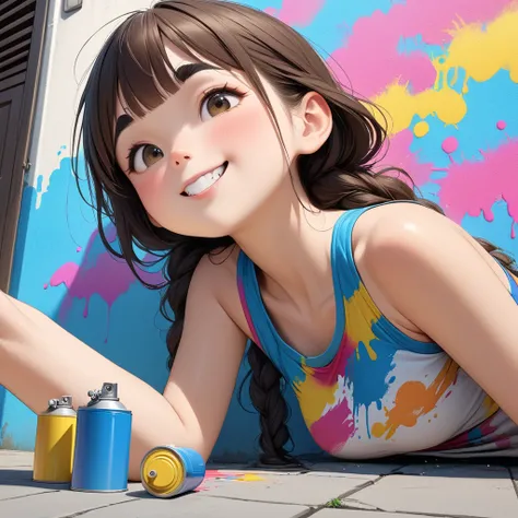 An illustration of a spray artist painting bold spray art in front of the shutters of a shopping street in a back alley.。Beautiful brown-skinned girl 、Dressed in sporty street fashion stained with spray ink,、She is bending over slightly as she paints her a...