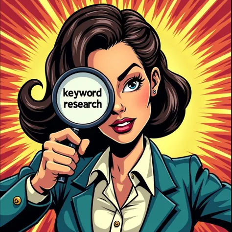 Comic book-style woman holding a magnifying glass labeled “Keyword Research”