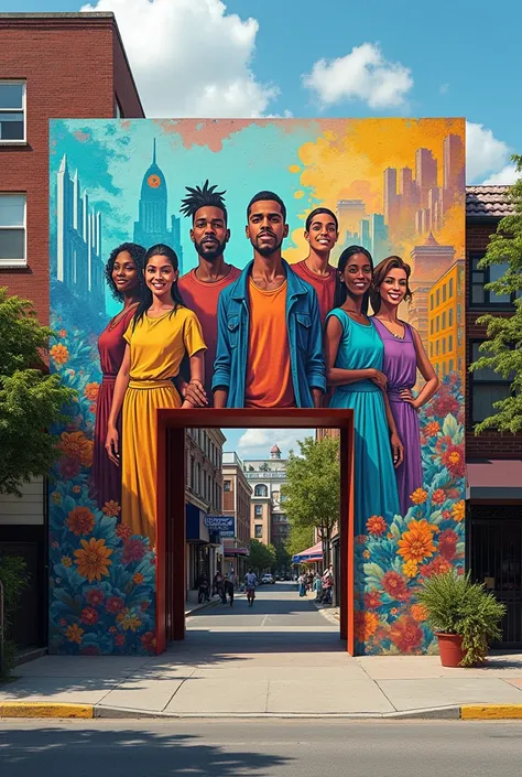 A mural for the entrance to a community with a design inspired by reconstruction or urban rebirth