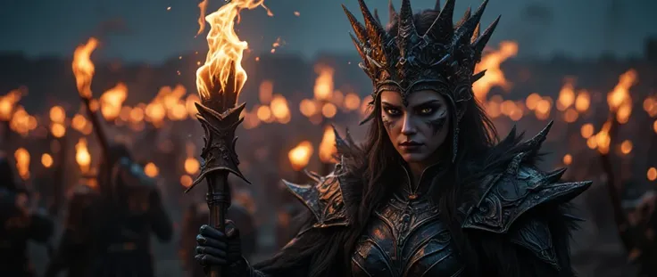 ((masterpiece)) ((photography)) ((Highest quality))  A cinematic, hyper-realistic fantasy portrait of a fierce female warrior leader standing in a medieval battlefield at dusk. She wears intricate black gothic armor with sharp metallic details, fur-lined s...