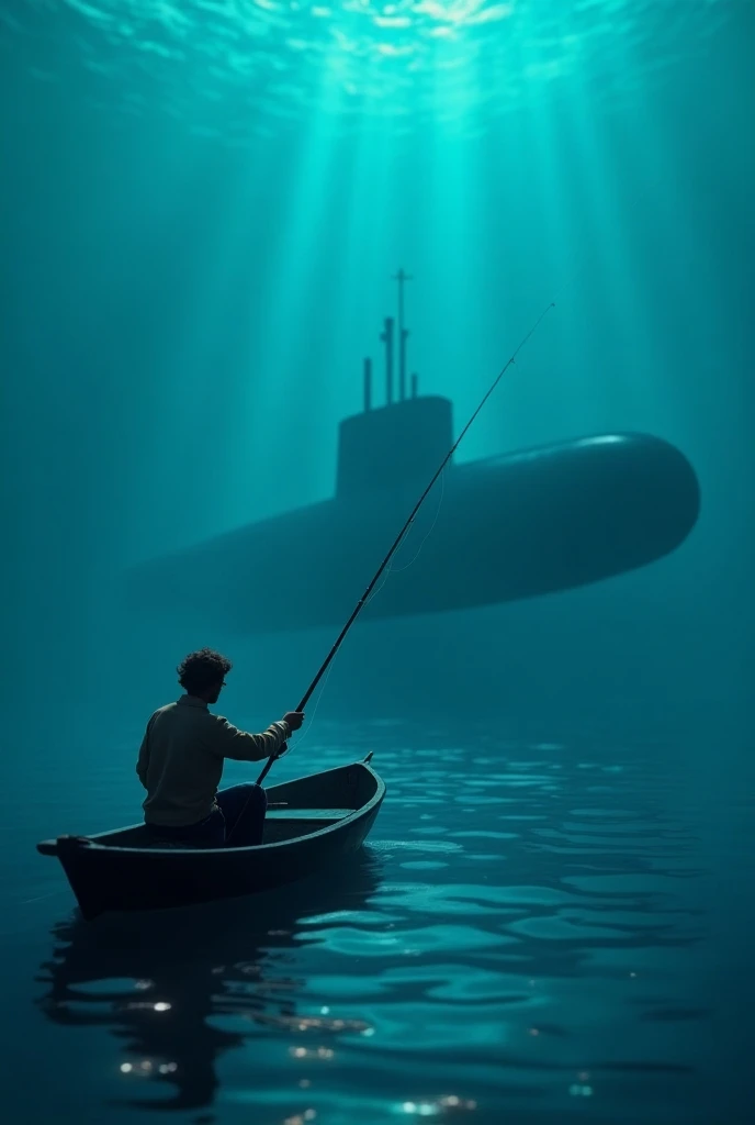 A person in a boat fishing a submerged submarine 
animated quite illuminated with a very realistic rod 

