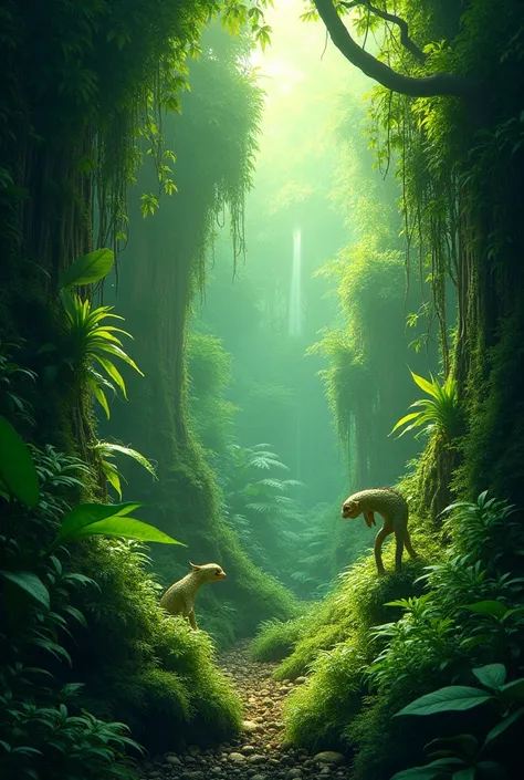  A beautiful and very greenish nature, mystical plants and animals .