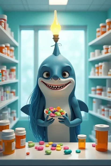  a female Pixar shark, at the counter of a pharmacy , with long hair, with various medications in his hands and a lamp symbolizing the idea above his head.
