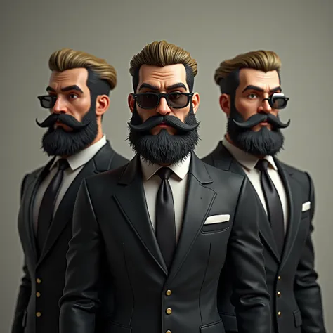  Make me 3 fictitious characters with longer black beard and golden hair with 1 glass on the eye like in dr monopoly, and with lil .  Make it specific ,  somewhat shrewd in a shirt with a tie to make the muscles stand out ,  only the upper body part Im int...