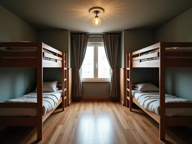 A student dormitory for mans with an area of 12 meters and 4 bunk beds, somber mood