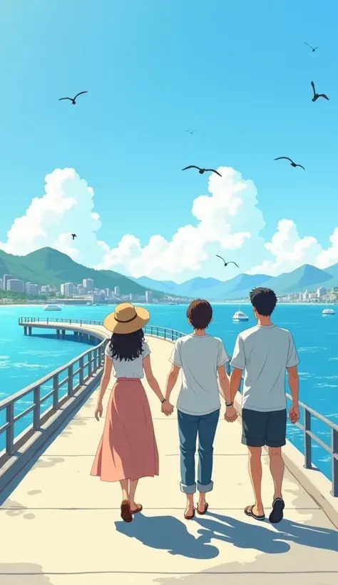  two men and women walk hand in hand on the breakwater that continues far 　 the girl wears a straw hat and a long skirt with her hair swept　Black silhouette　 the sky is summer and the weather is good 　The sun is dazzling　90s, ( flat color , Flat texture, L...