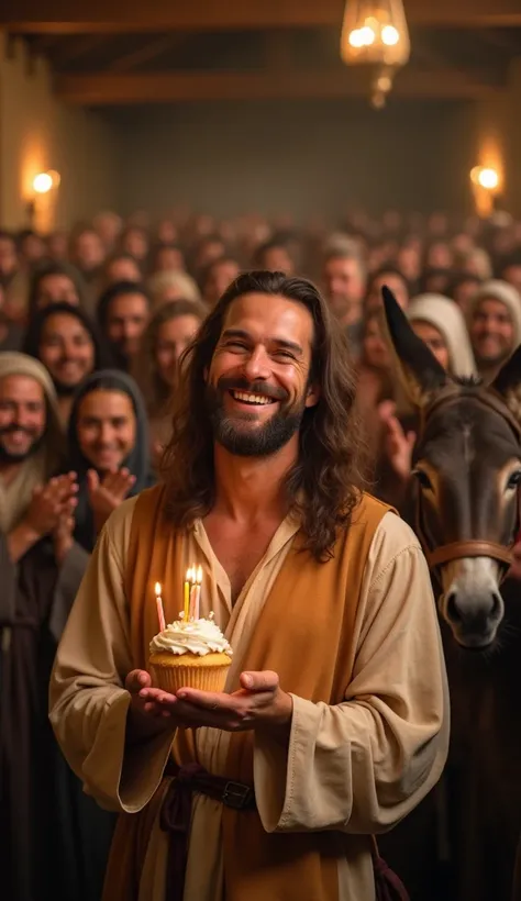 In the picture, there is a smiling man with long brown hair and a beard, just like Jesus. He is in a stable, next to a donkey. The setting is rustic but very cozy. Jesus is holding a decorated cupcake with three candles on top, suggesting that he is celebr...