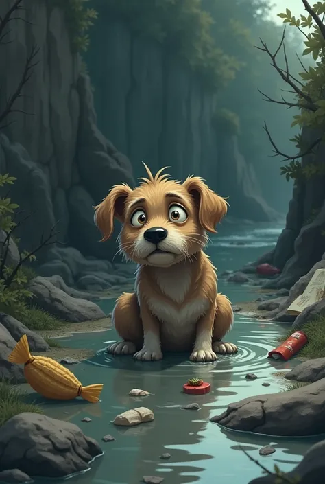  I want an animated image for elementary school ren according to this story : A VERY SAD LITTLE DOG ABANDONED IN A STREAM EATING LEFTOVER FOOD




