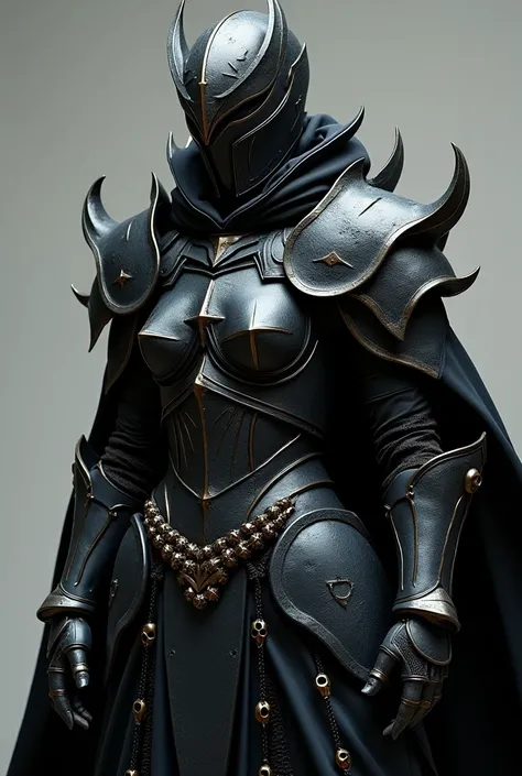 A black berserk goth looking armor made of dark, metallic material with a rough, battle-worn texture with small spikes and sharp edges and chains with small golden skulls and for a female user with a helmet ( The helmet is fully enclosed, with a sharp, ang...