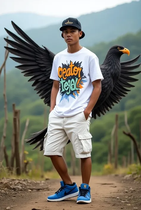  a handsome young Indonesian man ,  animates white t-shirt graffiti color name inscription  "creator tegal "  white short cargo pants , Jordan shoes blue , black songkok hat backwards ,  next to a large Garuda bird on the ground wearing wings ,  background...