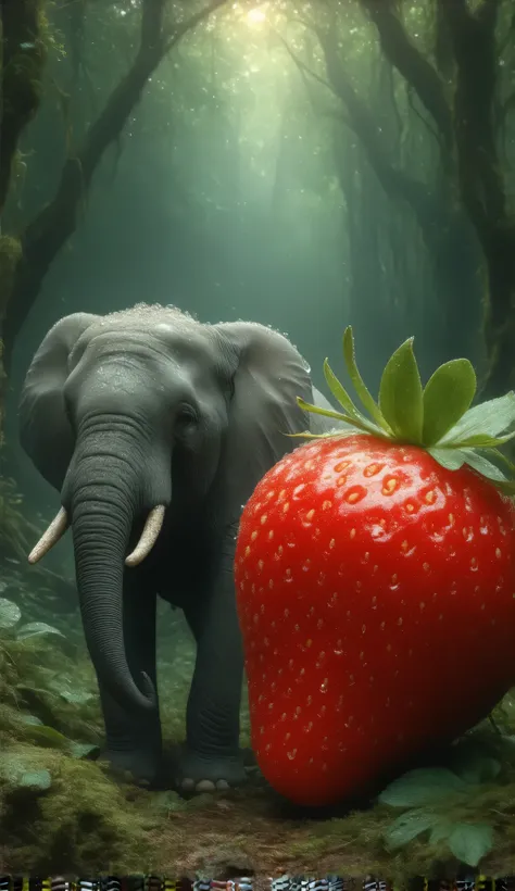 A majestic, adorable elephant standing next to a giant, vibrant strawberry in a lush, tropical forest. The elephant is large, with soft, wrinkled skin and massive, powerful muscles that ripple beneath its surface. Its trunk curls gracefully, and its enormo...