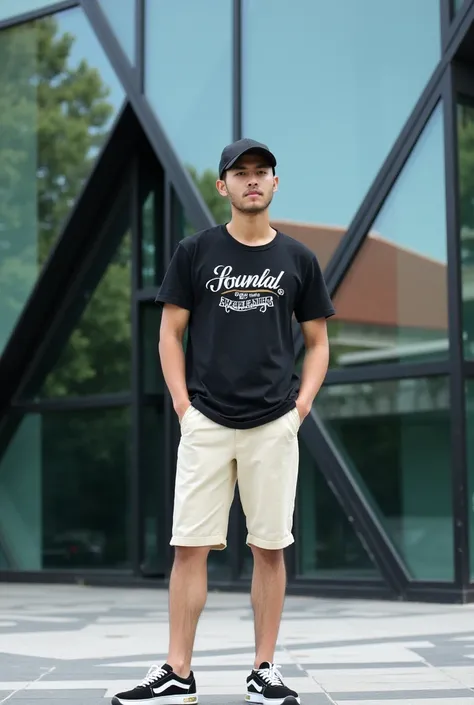  male from Indonesia wearing a black baseball cap. standing in front of a modern glass building with old black reflective windows. This building has a unique angular design with a black metal frame structure like a grid. The man was wearing a black t-shirt...