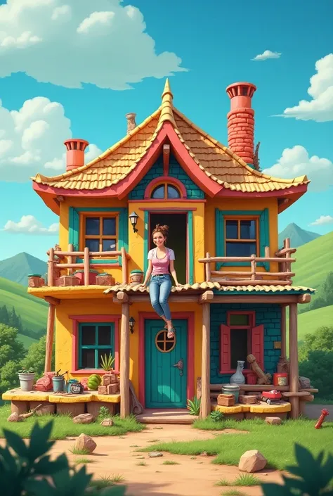 Woman building a colorful house