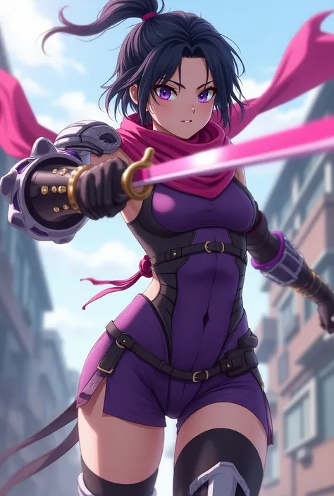  An anime-style girl with short black hair with a ponytail,with purple eyes,  dressed in purple armor and a pink scarf ,usa shorts roxo, black pants ,white boots,She has a sword