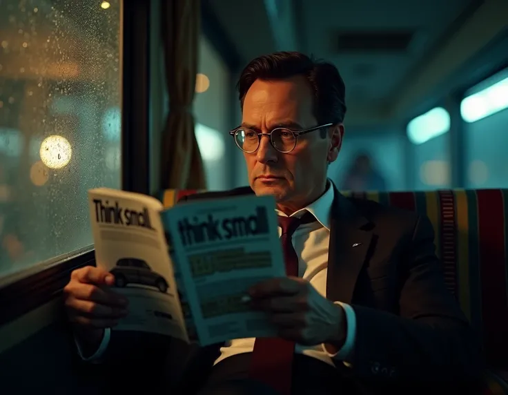 Don Draper played by actor Jon Hamm, smoking a cigarette and reading an ad for the Think Small campaign with a Beetle on the cover, sitting in the window of a bus, close-up, rain, blur camera from outside the train, cinematographic, 100mm camera, expressio...