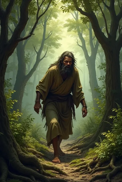 Dirty and scared hairy man walking in the woods in bible time