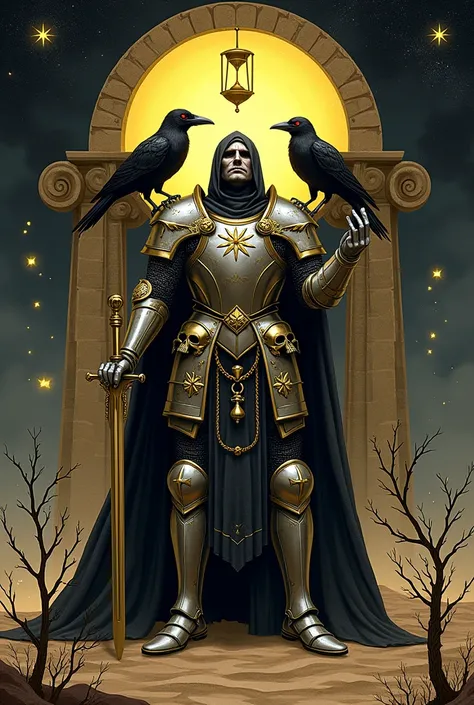 ** Instructions for Creating the Tarot Card : " Knight of Pentacles "  Theme of Death and Azrael **  

** Base Design :**  
 - A raven perched on the knights shoulder  ** Knight of Pentacles ** ( knight focused ,  persevering and with an earthly connection...