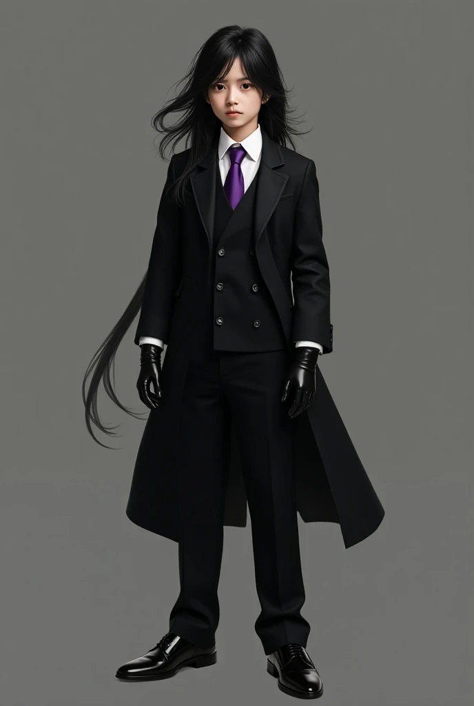 Live action Asian pre Teen boy with Very Long Flowing black hair, a black double-breasted suit over a White dress shirt. a Purple tie that stays tight around his neck. Pointed toe shoes and black Leather gloves. 