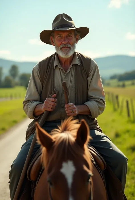 An old man is sitting on a horse, holding a cane. He is wearing a farmers hat. The photo is taken straight on, with his face facing forward. It is created realistically and in detail, with a beautiful daytime background. 