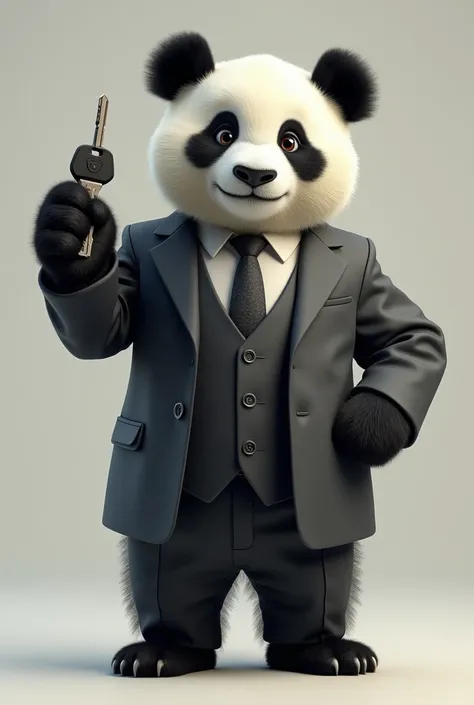 Panda wearing a suit and a car key in his hand