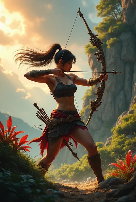 ((1 girl, dynamic archer stance, detailed archery stance:1.5)), intricate arch, dramatic movement, Eye-catching silhouette, flowing hair, intense focus, muscular physique, realistic skin texture, high quality, 8k, cinematic lighting, dramatic shadows, warm...