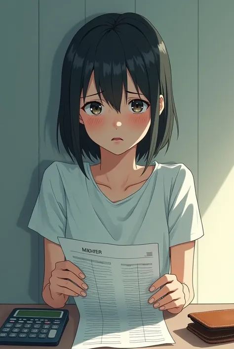 Create an image in the style of Makoto Shinkai A person looking worried while holding a stack of medical bills, with a calculator and empty wallet nearby.