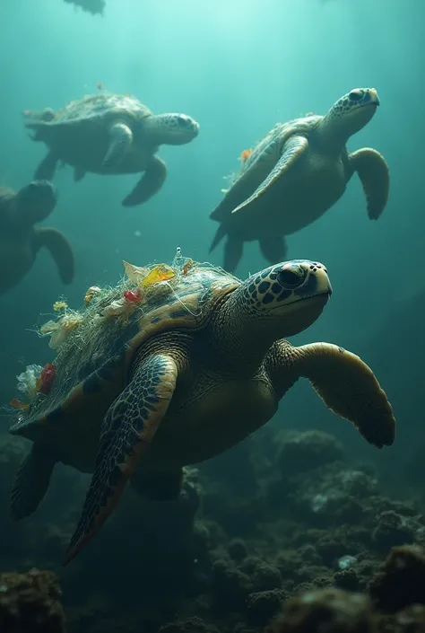 Turtles struggling because their hands are covered with trash
