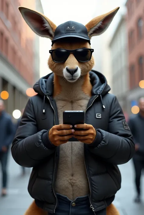  Realistic kangaroo with a cell phone in the no . with a jacket, black glasses and black cap