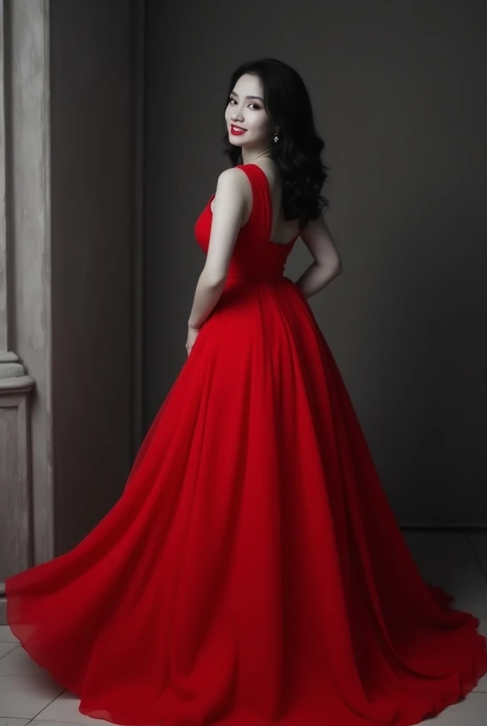 a close up of a woman in a red dress posing for a picture, wearing red dress, wearing a red dress,  wearing red formal dress , girl wears a red dress, in a red dress, red dress, grayscale phtoto with red dress, She was wearing a long dress, cindy avelino, ...