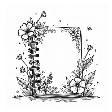 coloring book page of a notebook with girly design, black and white, cute, relaxing, for asmr, minimalist without color background, bold, thick and clean lines