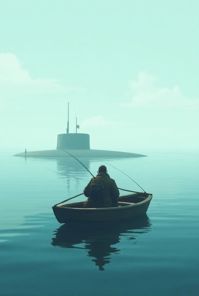 A person in a boat fishing a submerged submarine 
Animadoe and the boat in 
The surface 

