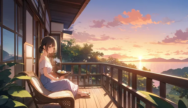 Highest quality、High resolution、Detailed Background、Beautiful face in every detail、Detailed facial expressions、Teenage beauty、Cute hair colour、Cute hairstyle、
A house at dusk、Sit on the porch、The breeze outside is pleasant、Feeling cool with a fan、The sound...