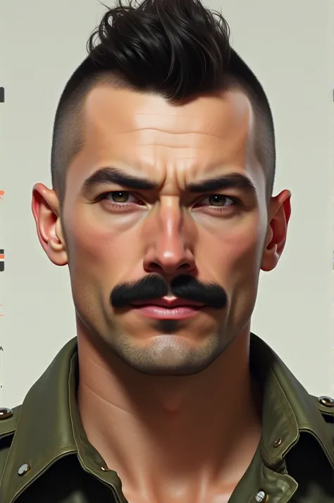 35 year old man, slightly pale white ,  military style mohican haircut ,  has a mustache just like that of Feddie Mercury