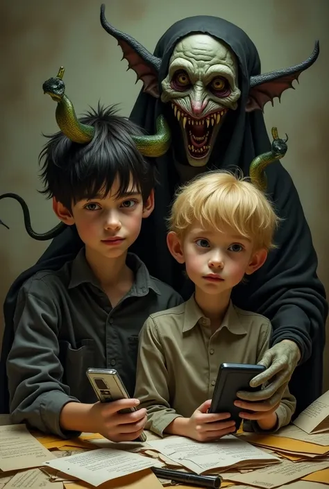  A young man with black hair with snakes that come out of his ears . A young boy with blond hair with snakes that come out of his ears .  An ugly witch with very ugly teeth and blond hair who has a mobile phone in her hand.  There are a lot of open letters...