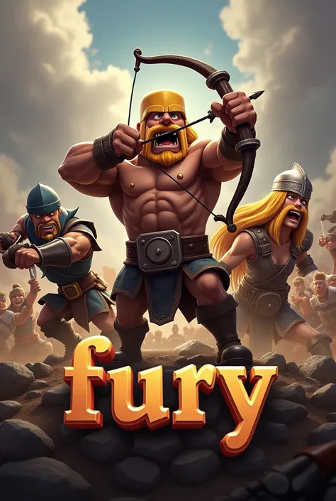 Create an image with only the characters from the game Clash of Clans with the name of "Fury" In Portuguese on the front exactly like this .