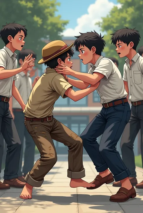  creates two ren fighting
Around them there are more ren encouraging the fight
I said ren ,  not adults 
It was a wool hat
And the other boy put him well dressed as if he came from a good wealthy family
But they must be upset because they are fighting
I sa...