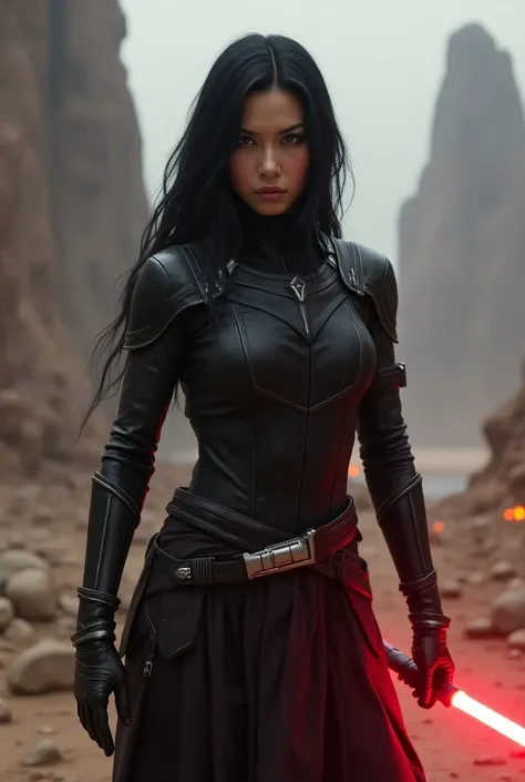 A human woman from the Star Wars world with black hair ,  red eyes and black costumes holding a red lightsaber 