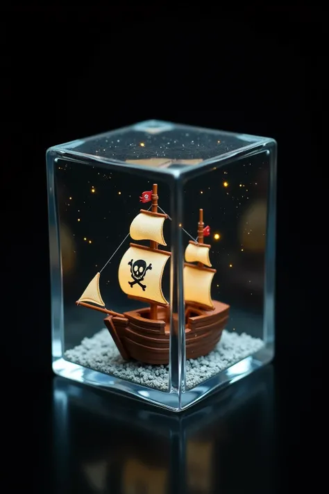 A photography of unequal square glass box with pirate boat with sparkle effect, dark background 